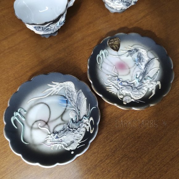 Vintage Made in Japan Moriage Black Dragonware Demitasse Teacups and Saucers - Picture 6 of 14